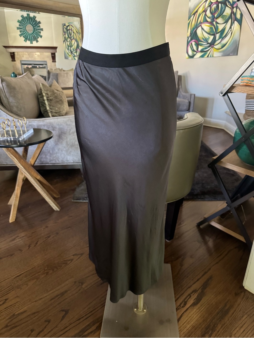 Rails Brown Satin Midi Skirt with Black Waistband